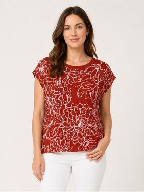 Cynthia Rowley Rust Red Floral Knit Cap Sleeve Tee